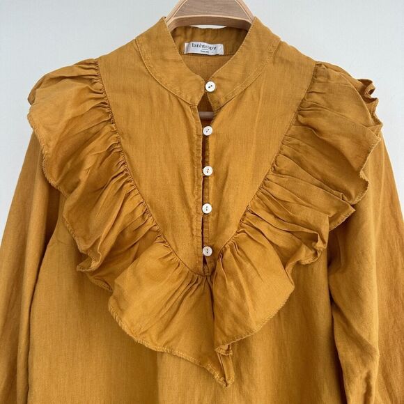 Lanhtropy Dress Womens XS Linen Tunic Flounce Victorian Boho Chic Rustic Mustard - Picture 2 of 9